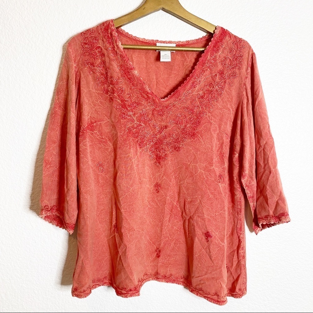Soft Surroundings- 3/4 Embroidered V-Neck Top